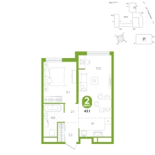 2-комнатная, 43.1 м²