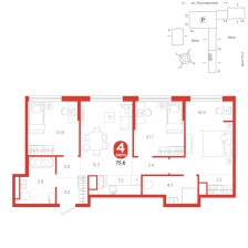 3-комнатная, 75.6 м²