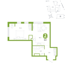 2-комнатная, 42.1 м²
