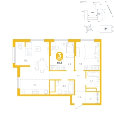 3-комнатная, 69.3 м²