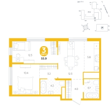 3-комнатная, 55.9 м²