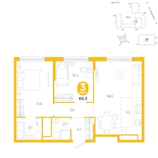 3-комнатная, 60.3 м²
