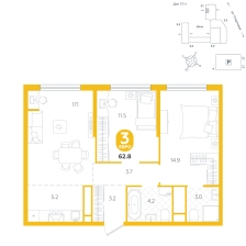 3-комнатная, 62.8 м²