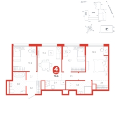 4-комнатная, 76.6 м²